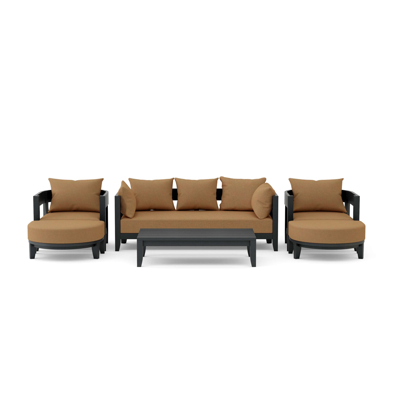 Outdoor furniture set with brown cushions on a white background