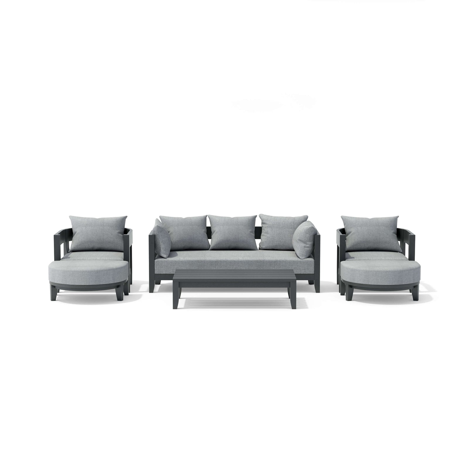 Gray outdoor furniture set with cushions on a white background