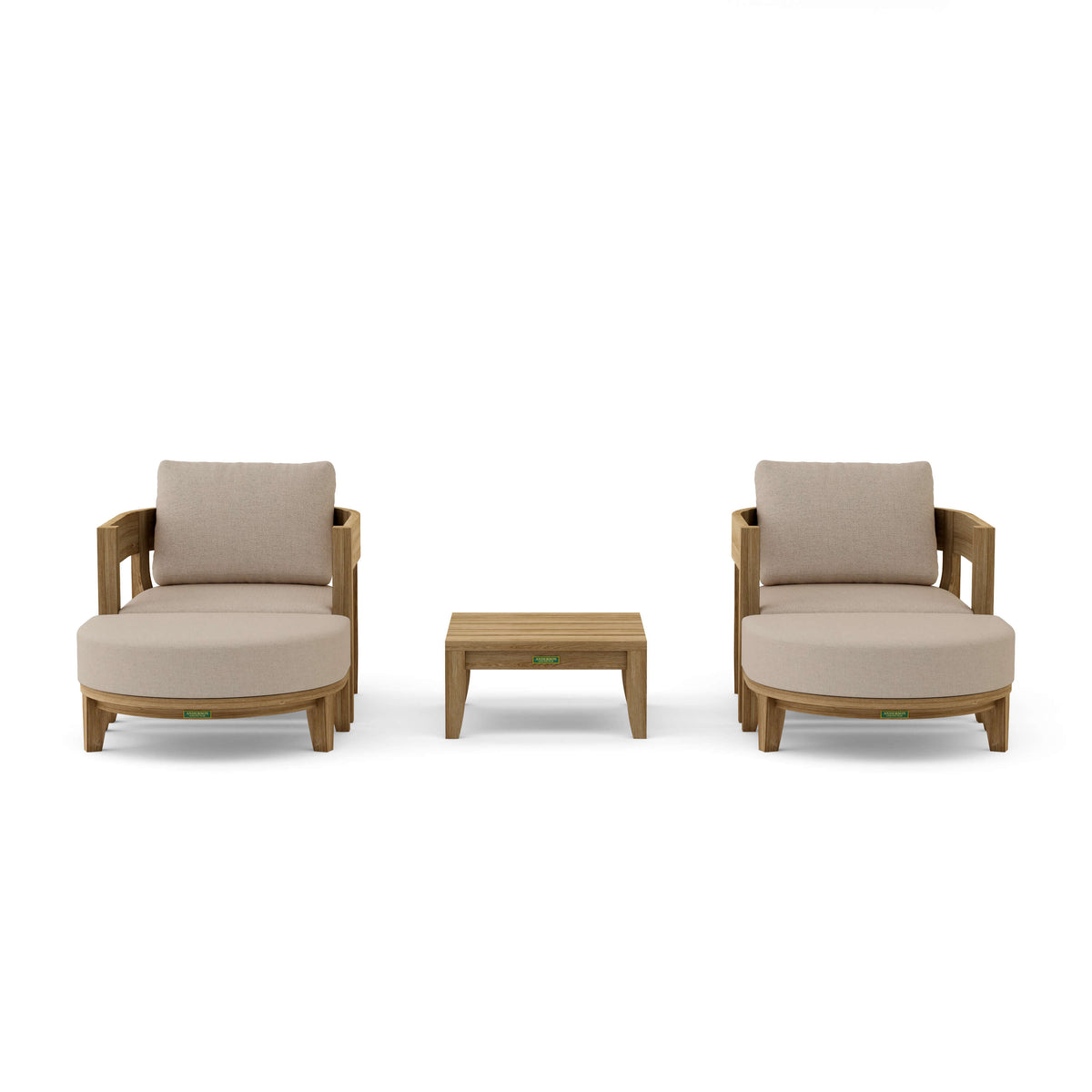 Two beige armchairs with a matching ottoman on a white background