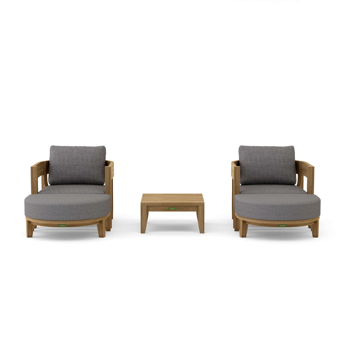 Two gray cushioned chairs with wooden frames and a matching table on a white background