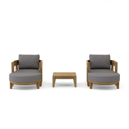 Two gray cushioned chairs with wooden frames and a matching table on a white background