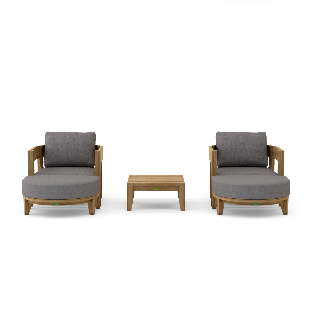 Two gray cushioned chairs with wooden frames and a matching table on a white background