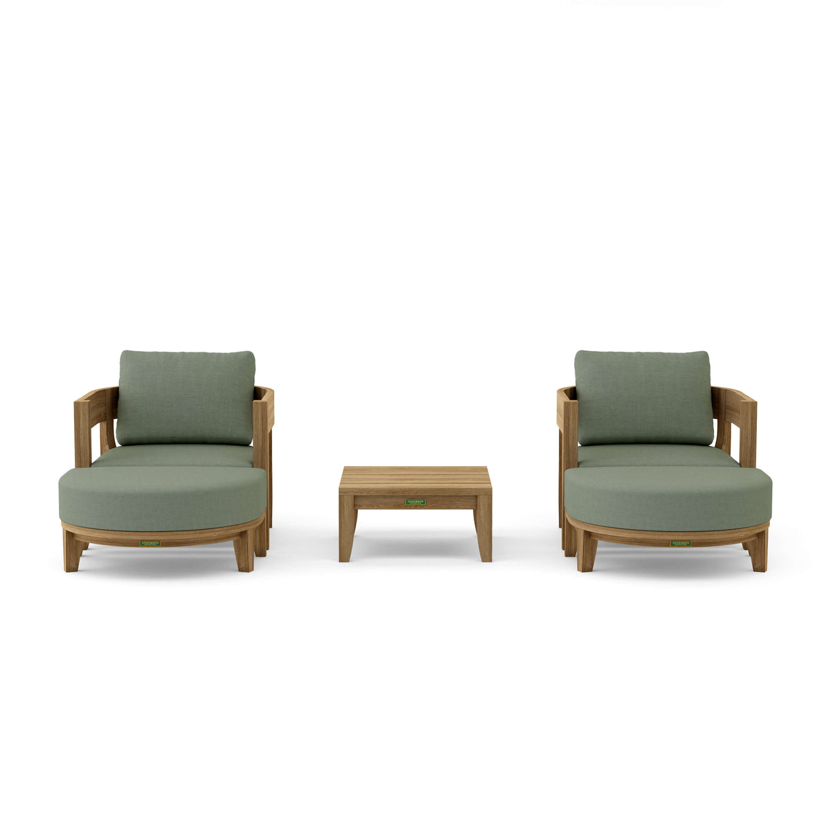 Two green cushioned chairs with a matching table on a white background