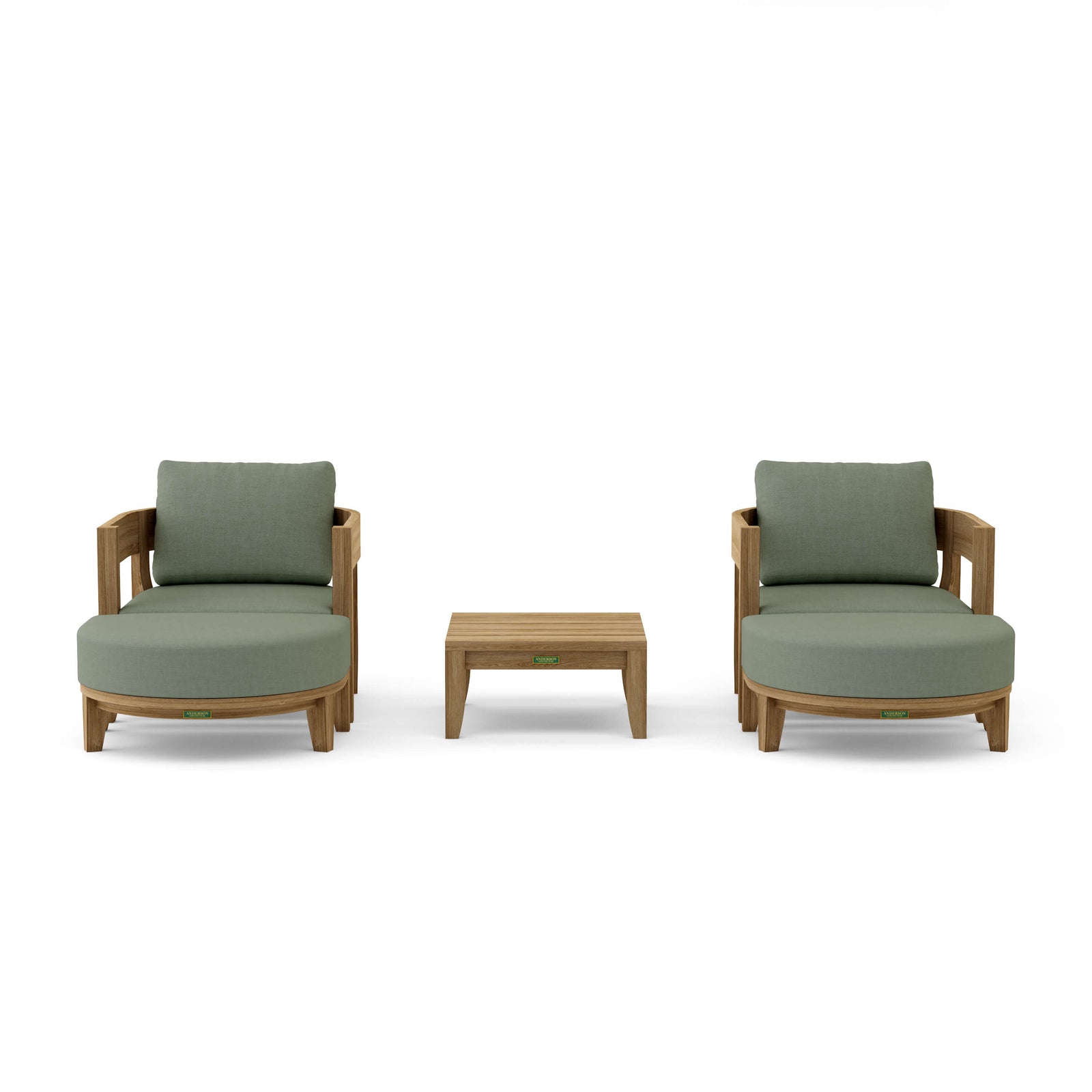 Two green cushioned chairs with a matching table on a white background