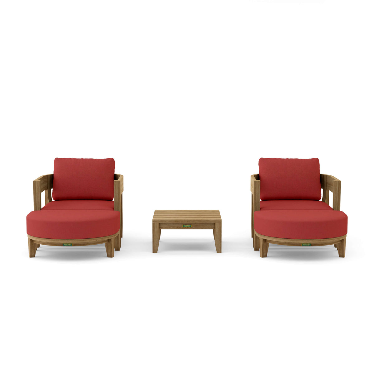 Two red cushioned chairs with a matching ottoman on a white background