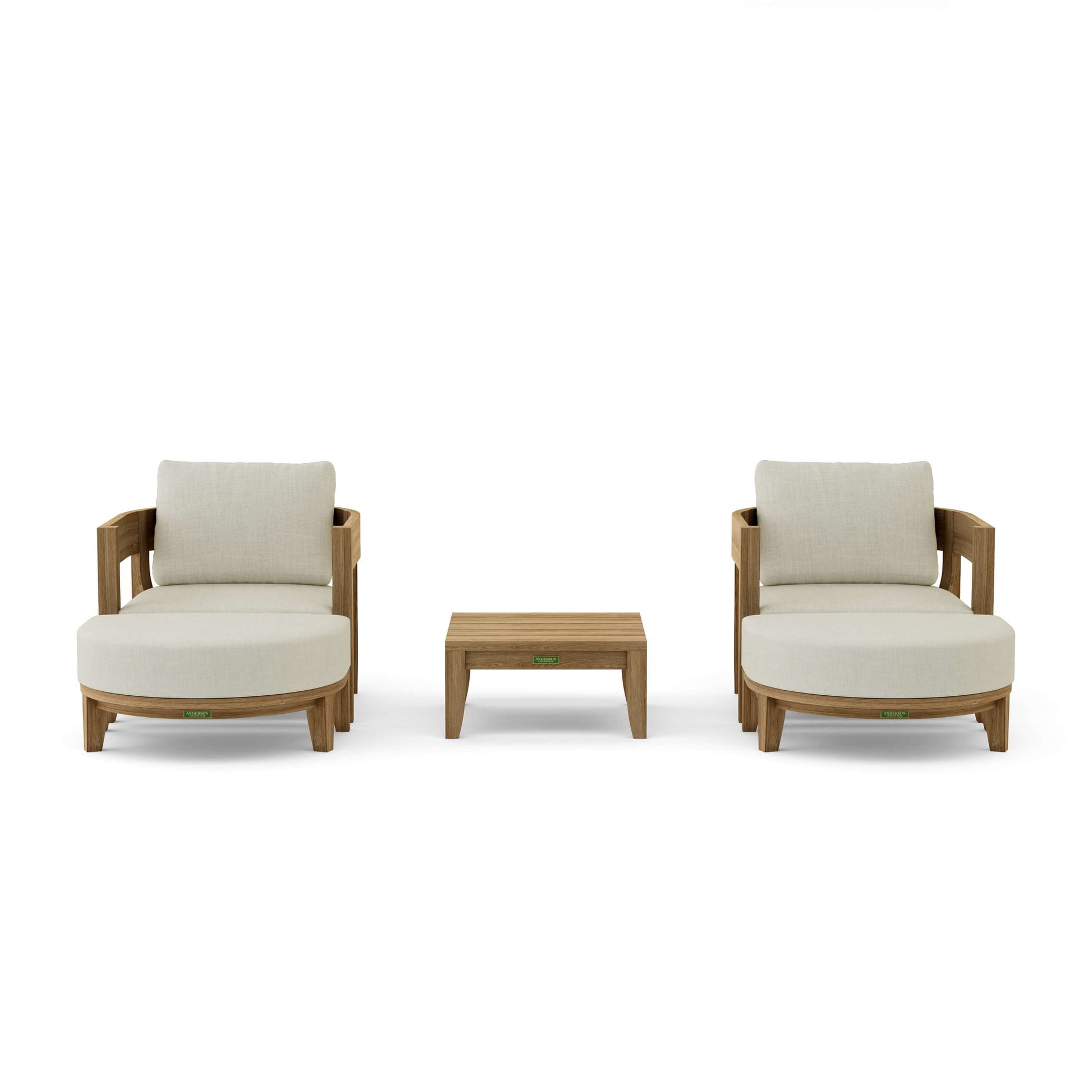 Two beige armchairs with a matching ottoman on a white background