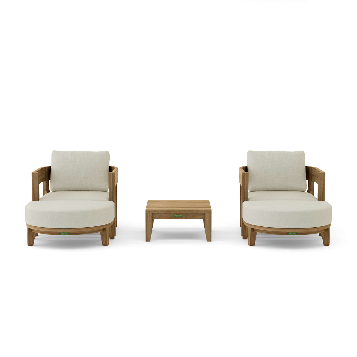 Two beige armchairs with a matching ottoman on a white background