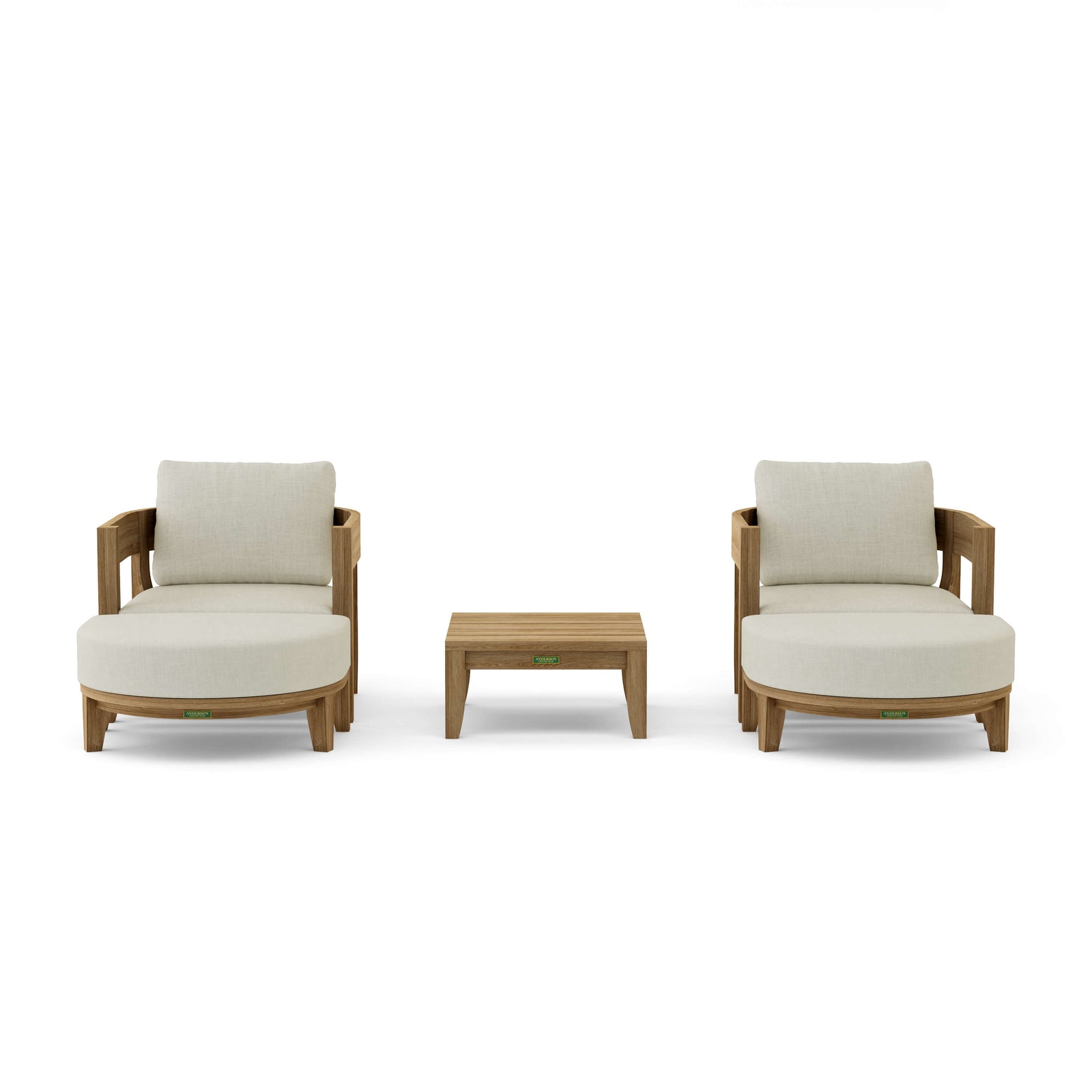 Two beige armchairs with a matching ottoman on a white background