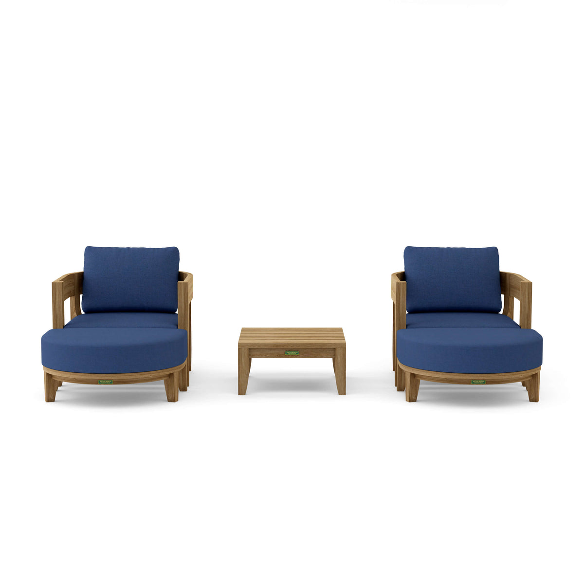 Two blue cushioned chairs with a matching table on a white background