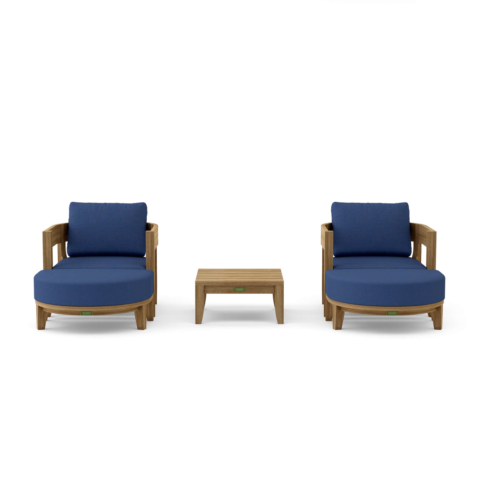 Two blue cushioned chairs with a matching table on a white background