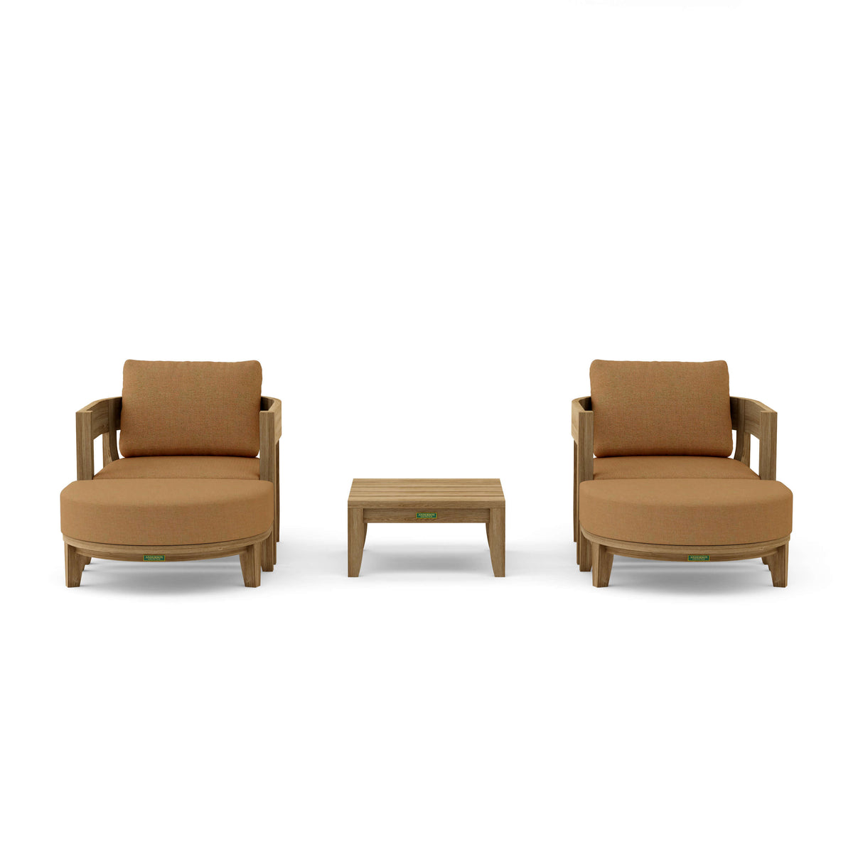 Two brown armchairs with a matching ottoman on a white background