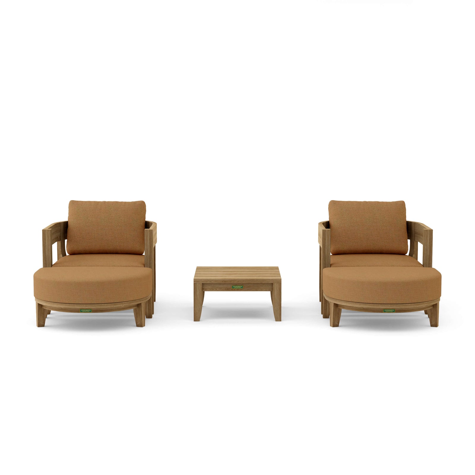 Two brown armchairs with a matching ottoman on a white background