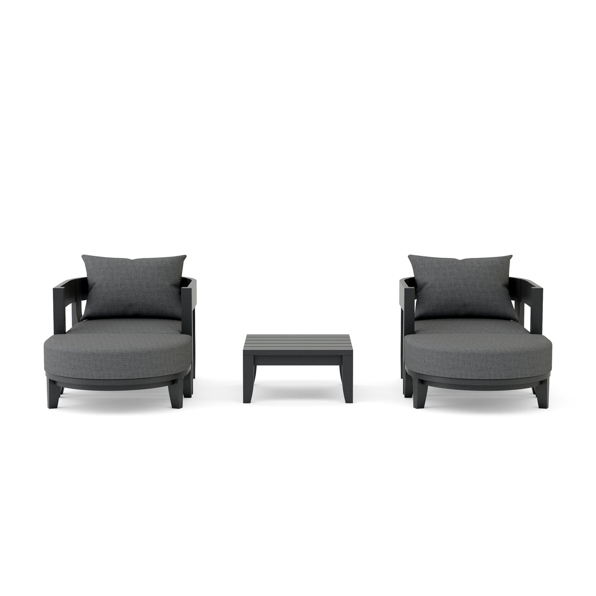 Two gray armchairs with a matching ottoman on a white background