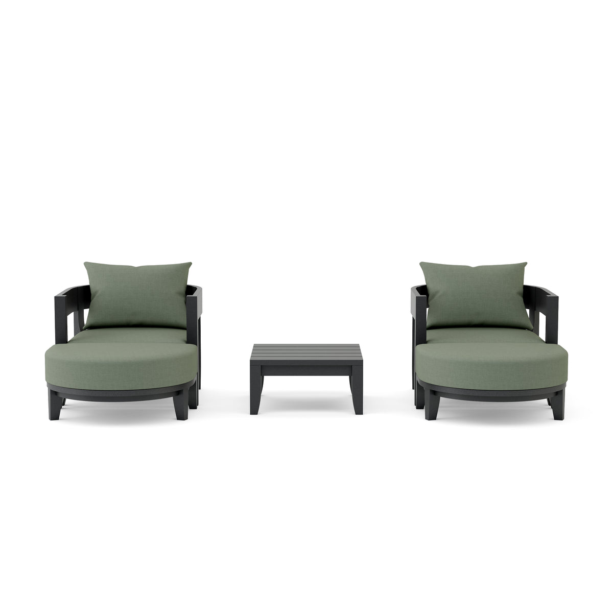 Two green cushioned chairs with a matching ottoman on a white background