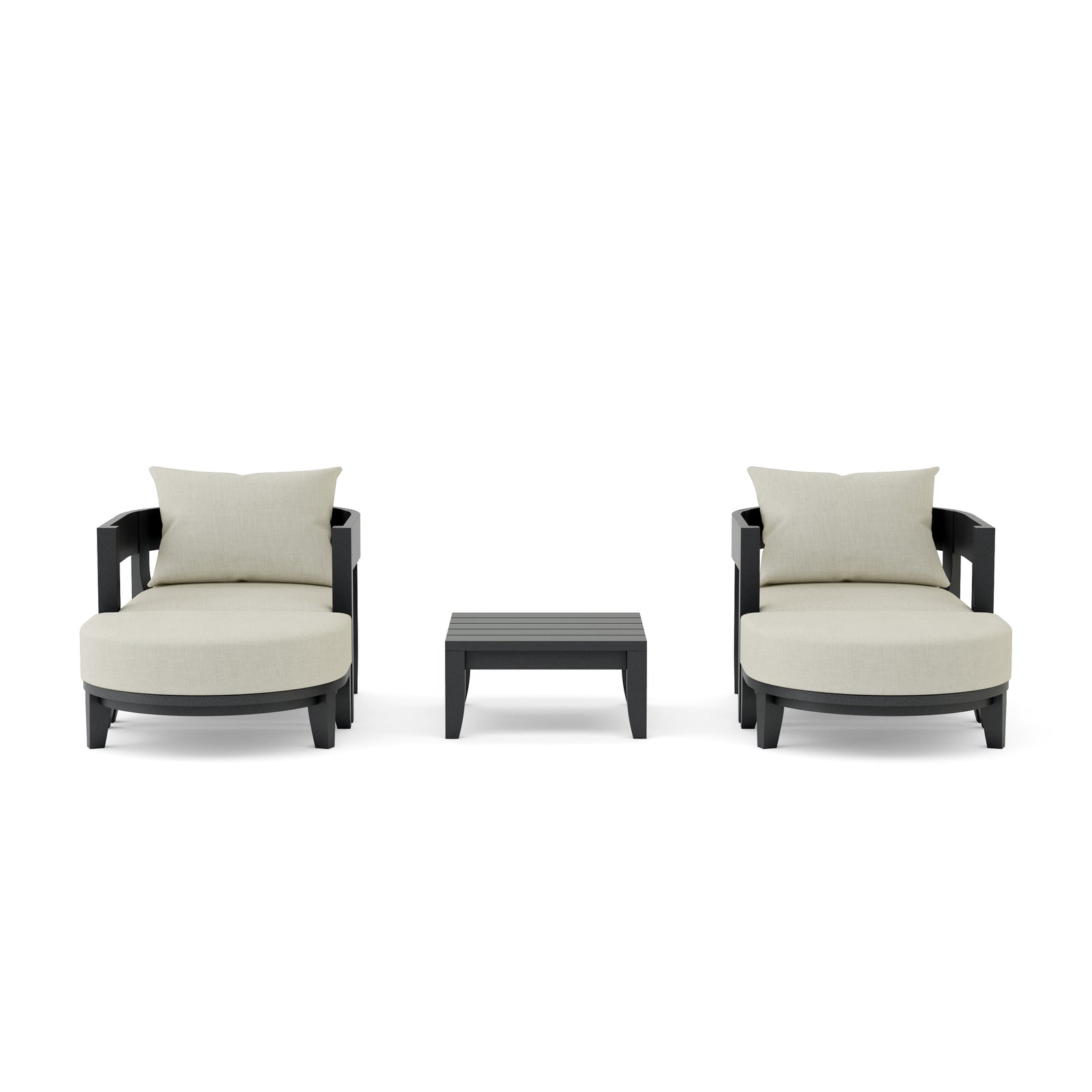 Two armchairs with cushions and a small table on a white background