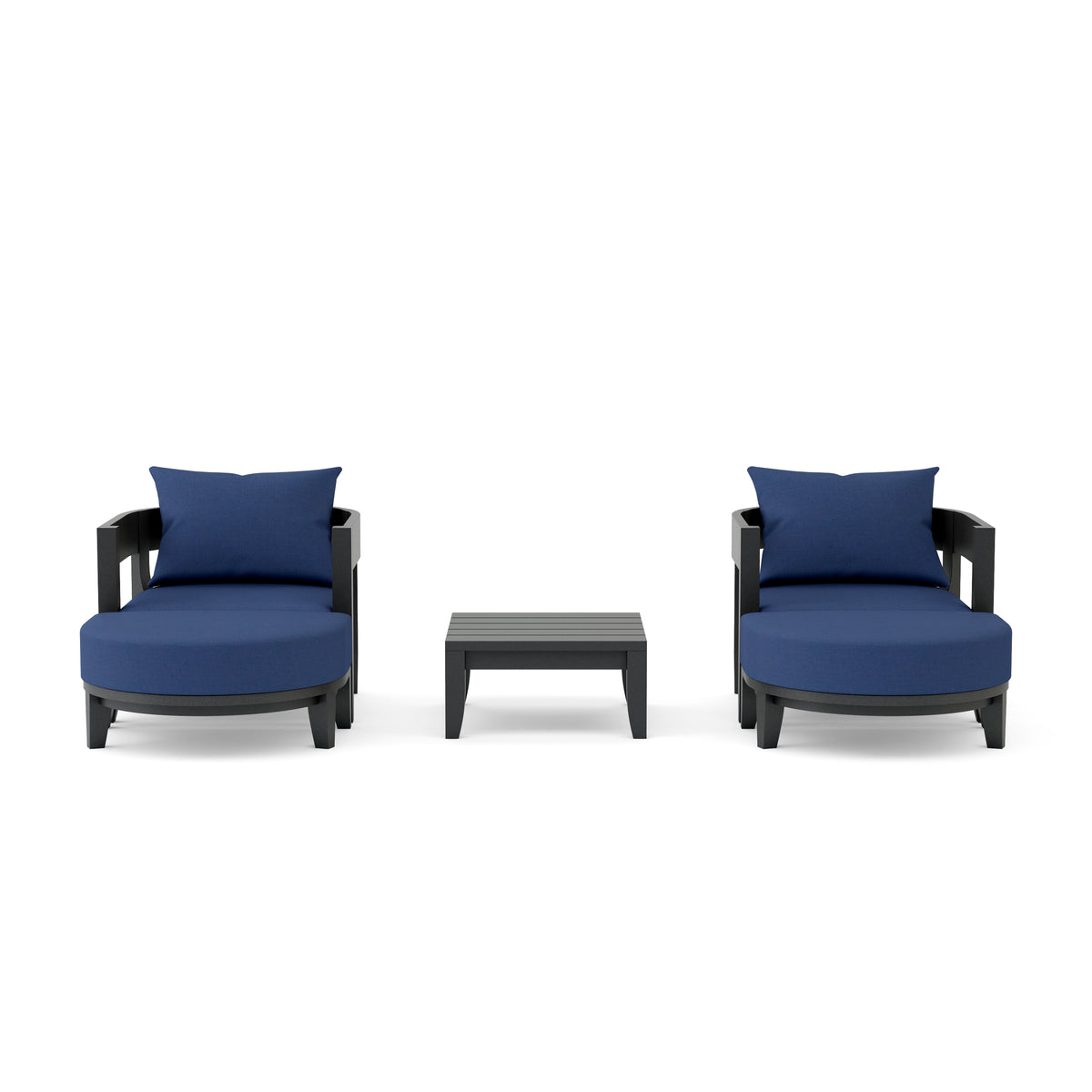 Two blue cushioned chairs with a matching ottoman on a white background