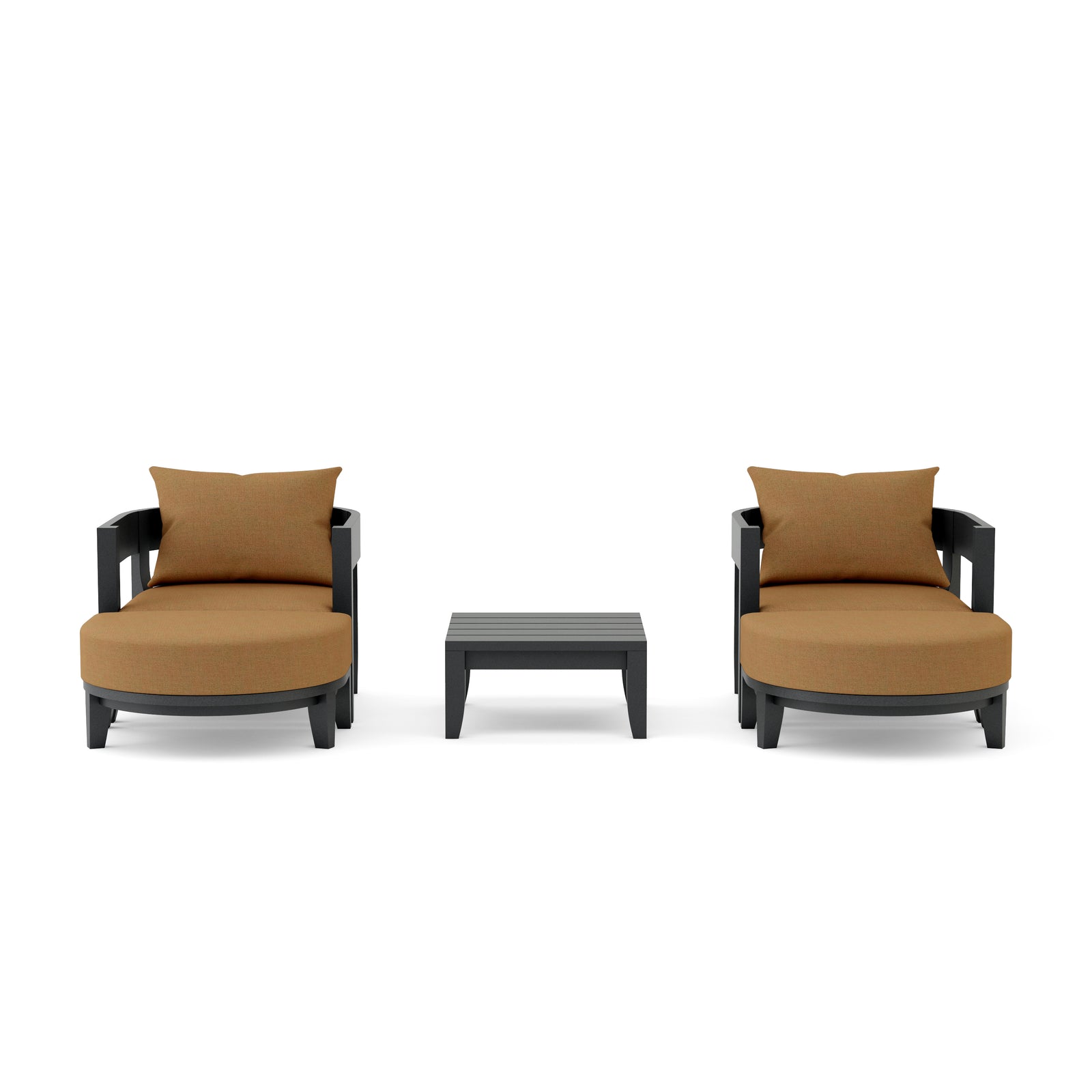 Two brown cushioned chairs with a matching ottoman on a white background