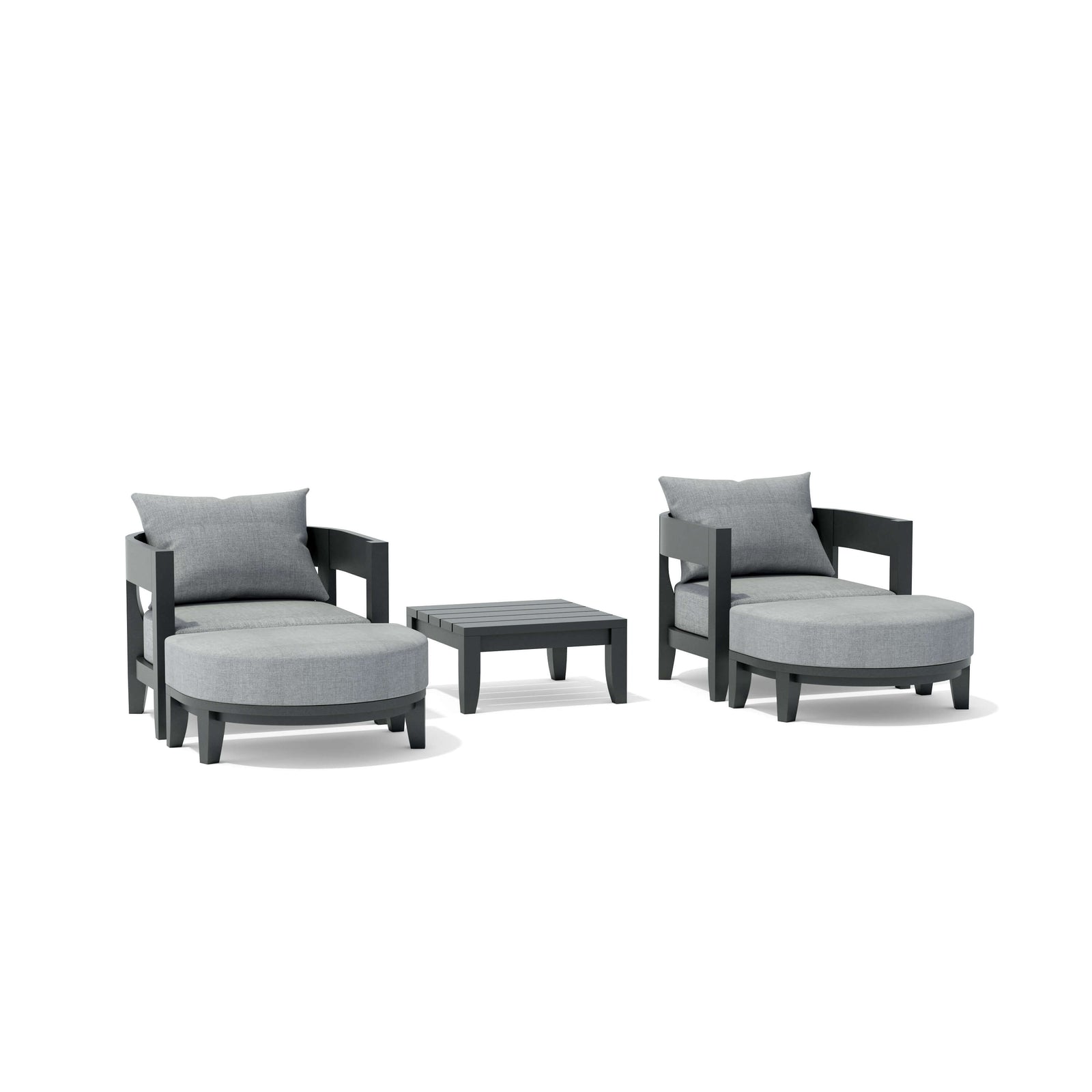 Outdoor furniture set with two chairs, ottoman, and table on a white background
