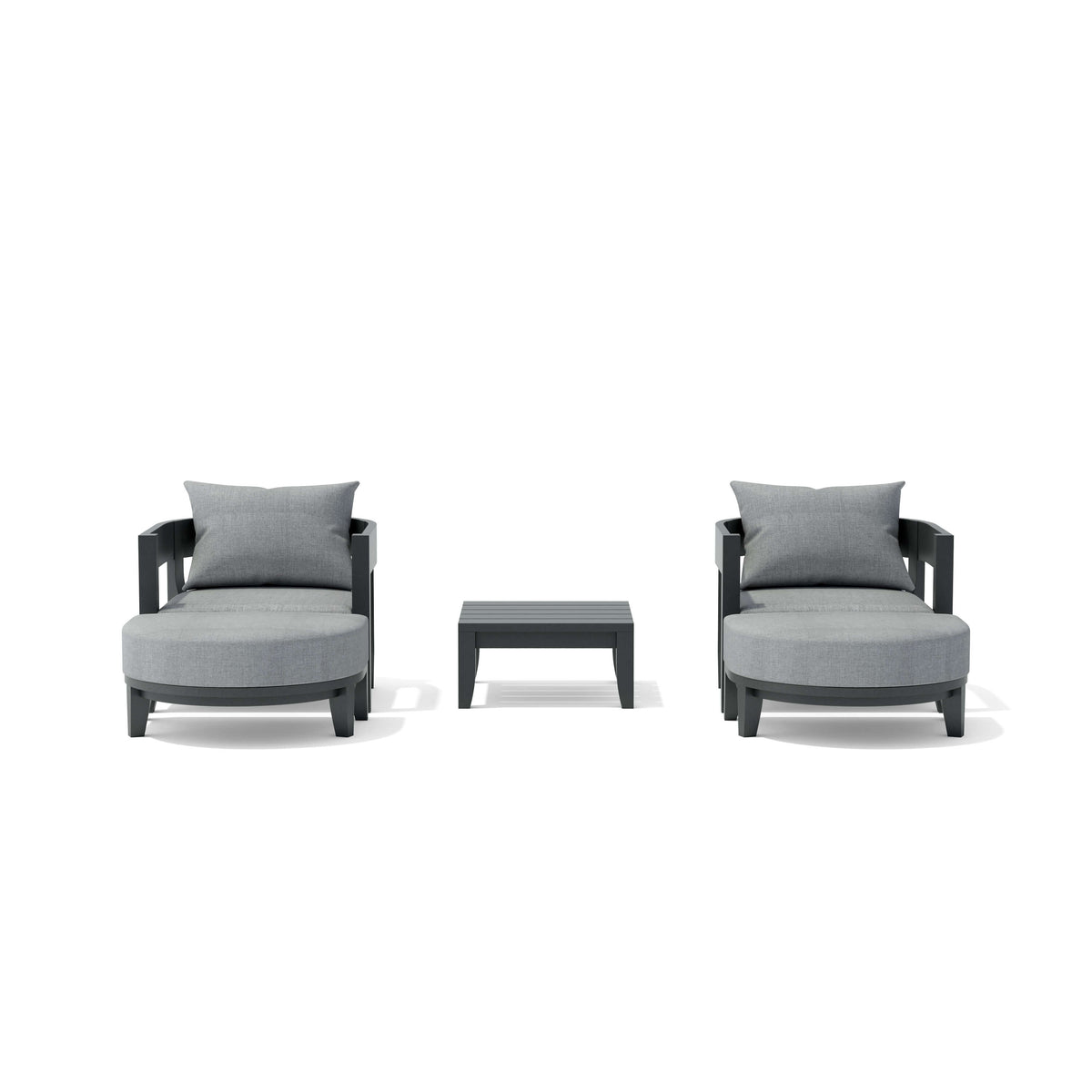 Two gray cushioned chairs with a small table on a white background