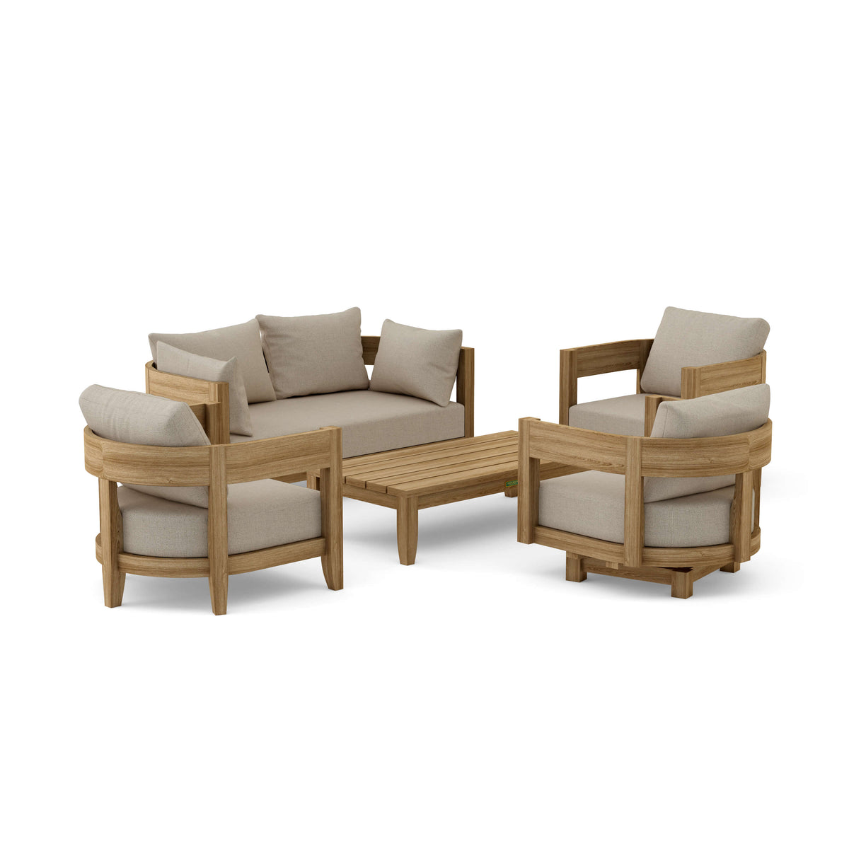Wooden outdoor furniture set with beige cushions on a white background