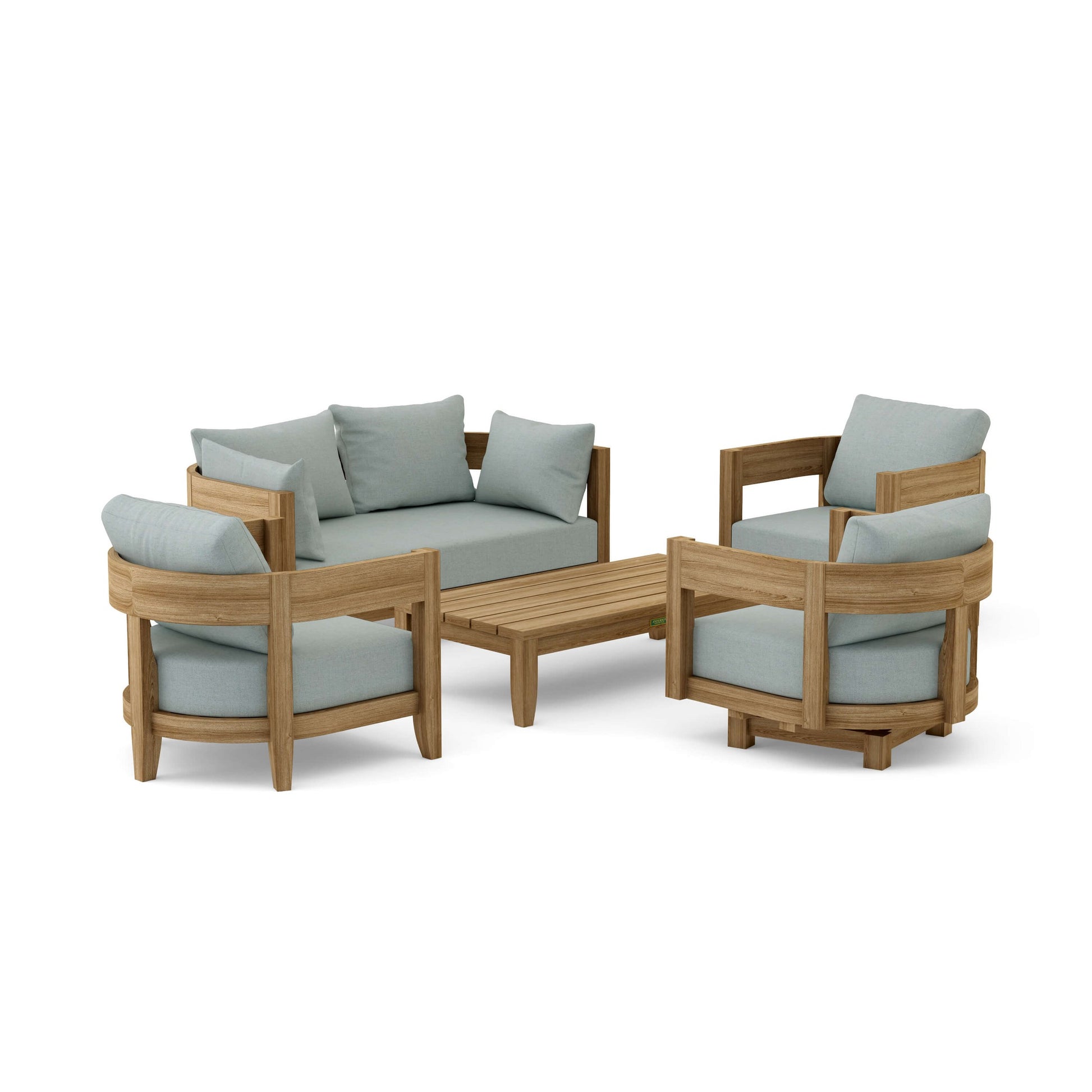 Outdoor furniture set with wooden frames and light gray cushions on a white background