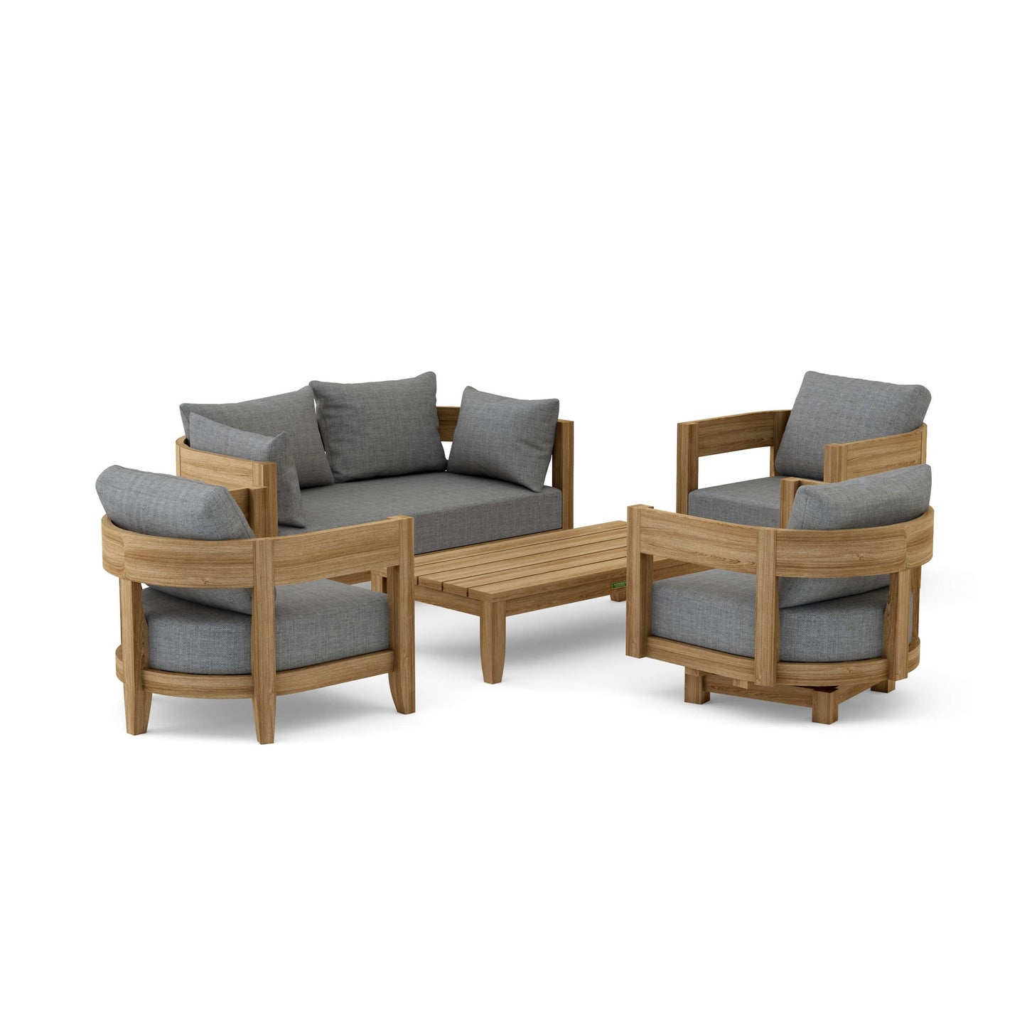 Outdoor furniture set with wooden frames and gray cushions on a white background