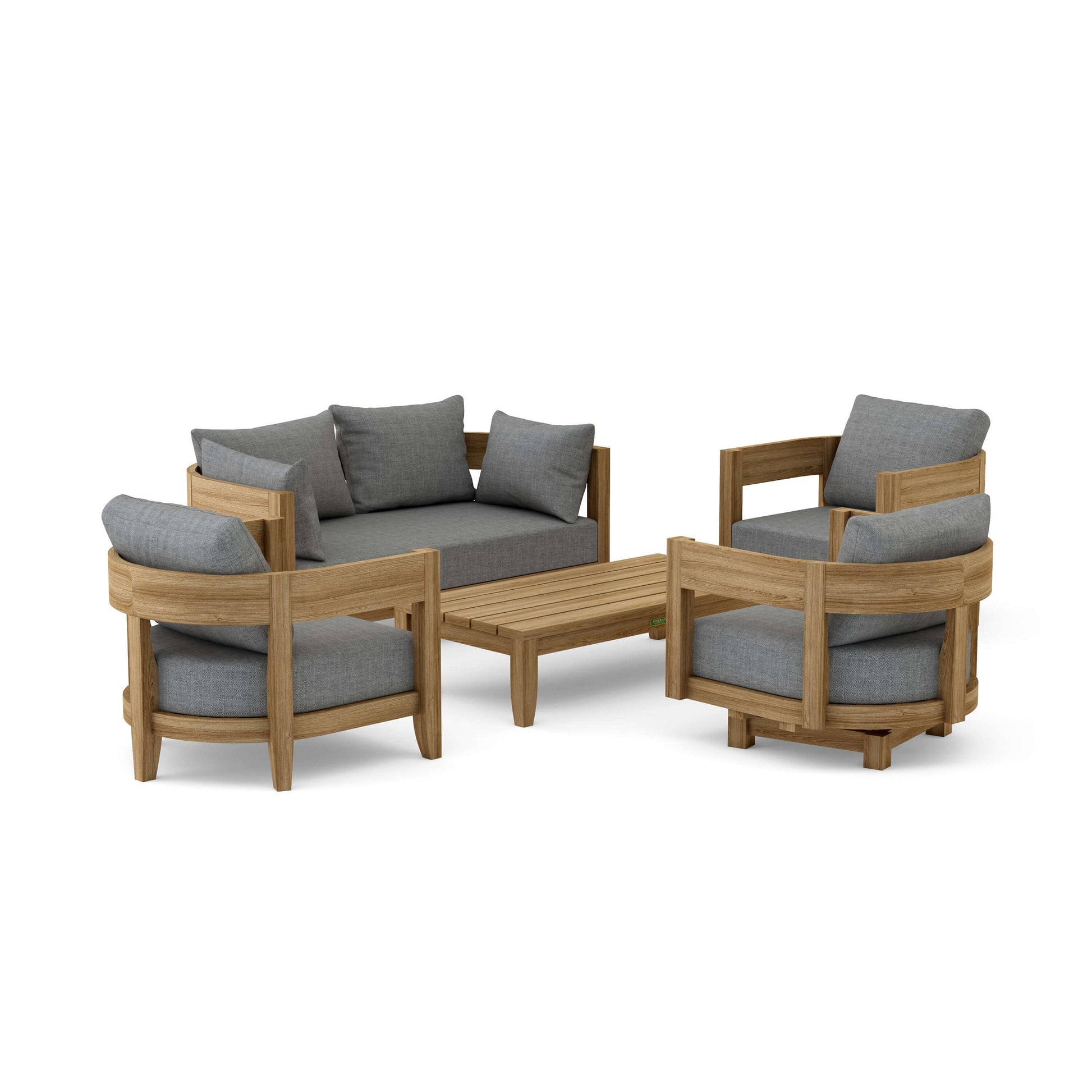 Outdoor furniture set with wooden frames and gray cushions on a white background