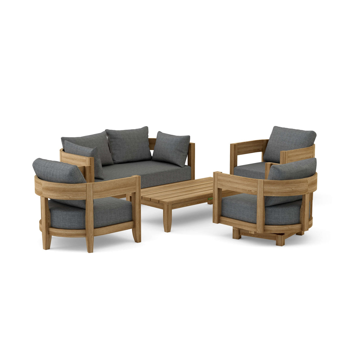 Outdoor furniture set with wooden frames and gray cushions on a white background