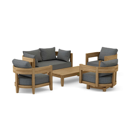 Outdoor furniture set with wooden frames and gray cushions on a white background