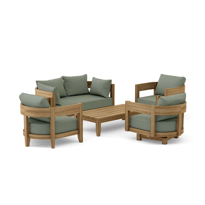 Outdoor furniture set with wooden frames and green cushions on a white background