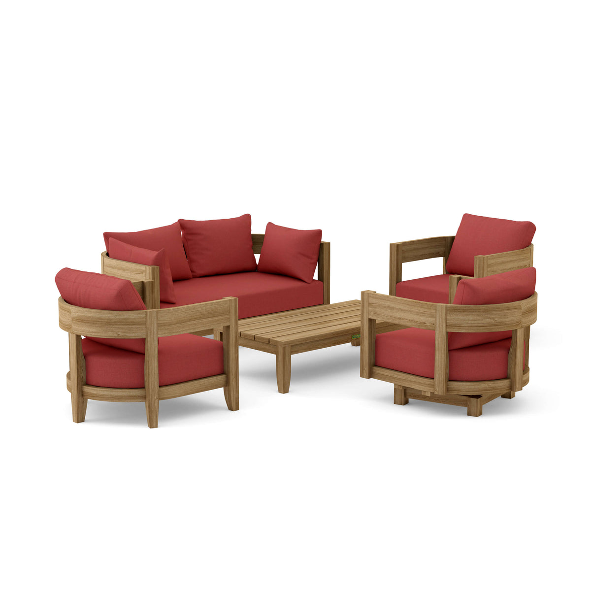 Outdoor furniture set with red cushions on a white background