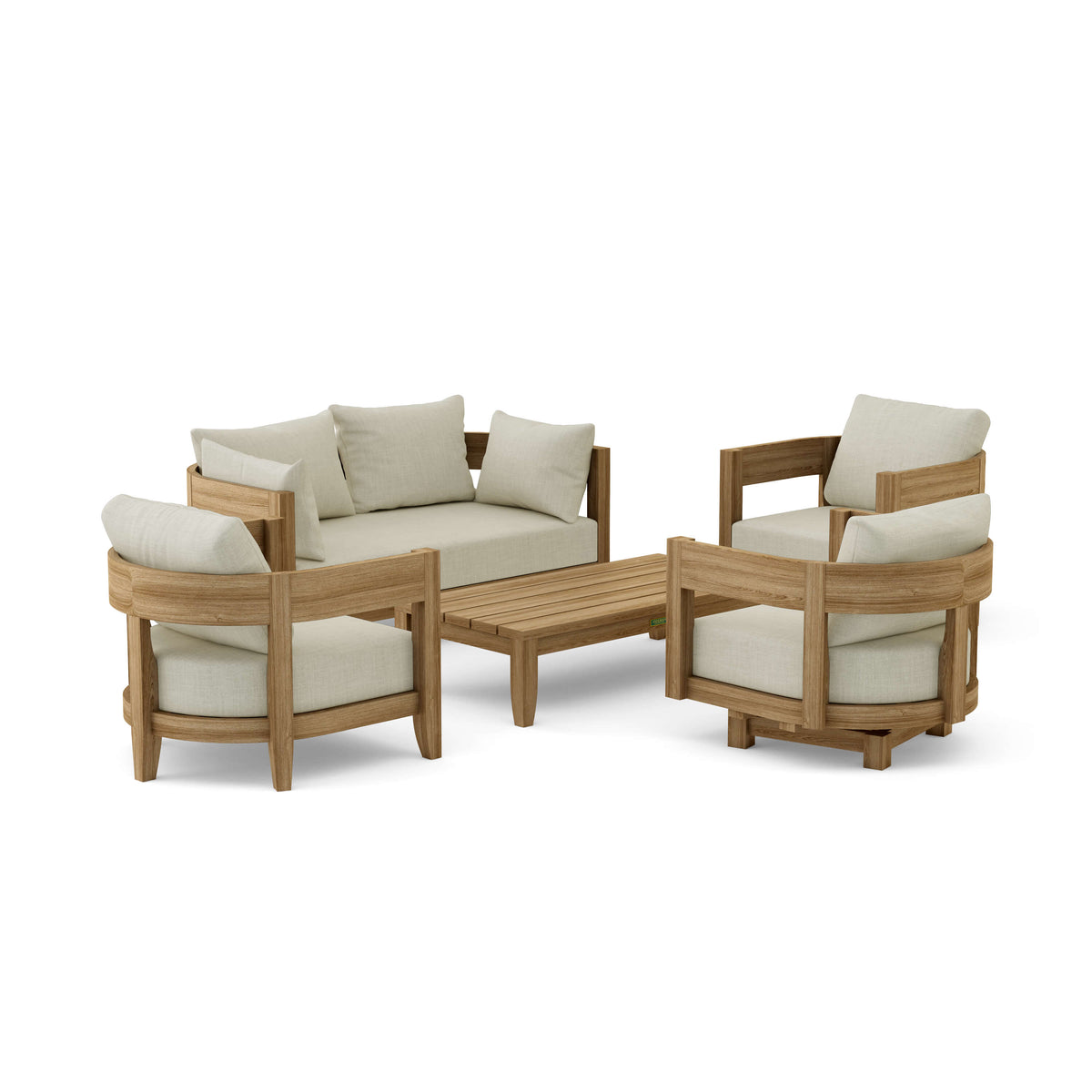 Wooden outdoor furniture set with beige cushions on a white background