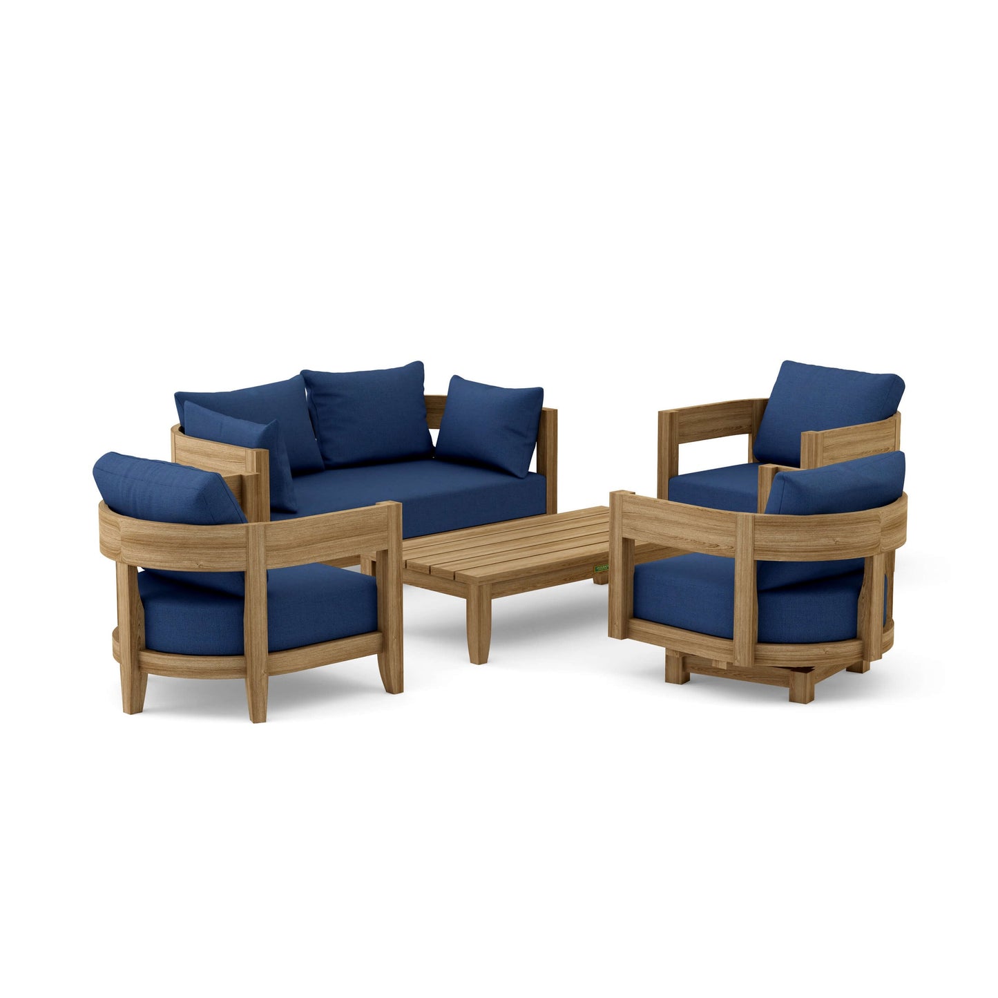 Outdoor furniture set with blue cushions on a white background