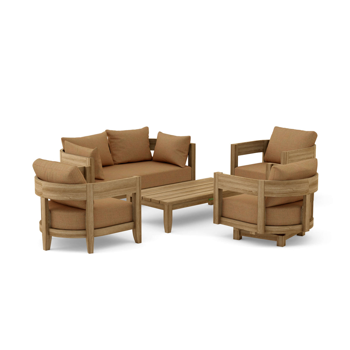 Brown outdoor furniture set with sofa, chairs, and table on a white background