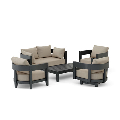 Outdoor furniture set with beige cushions on a white background