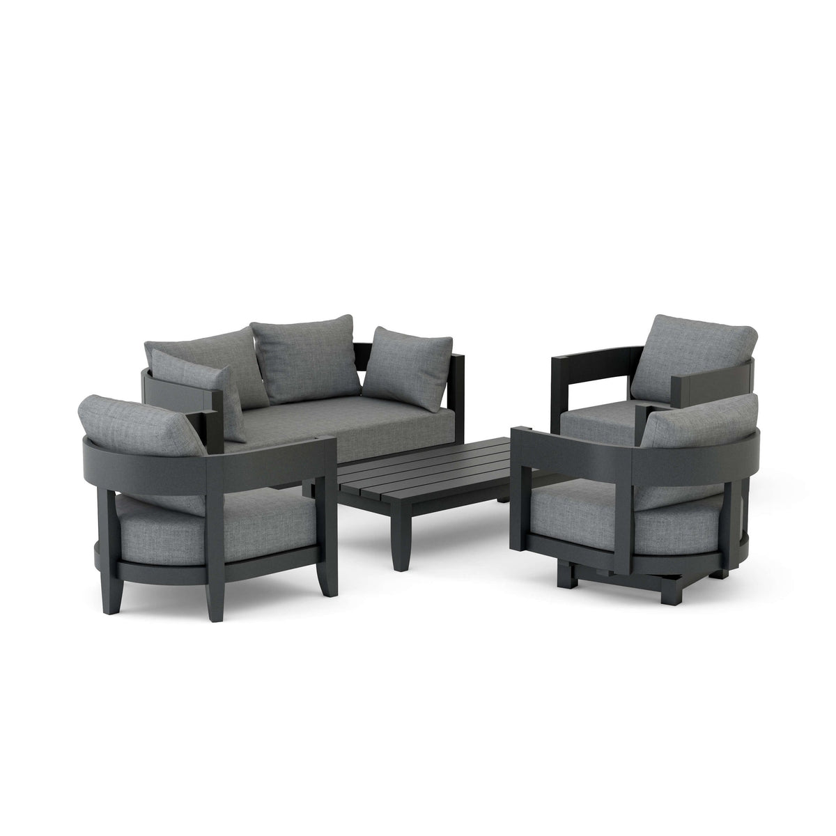 Outdoor furniture set with gray cushions on a white background