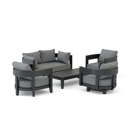 Outdoor furniture set with gray cushions on a white background