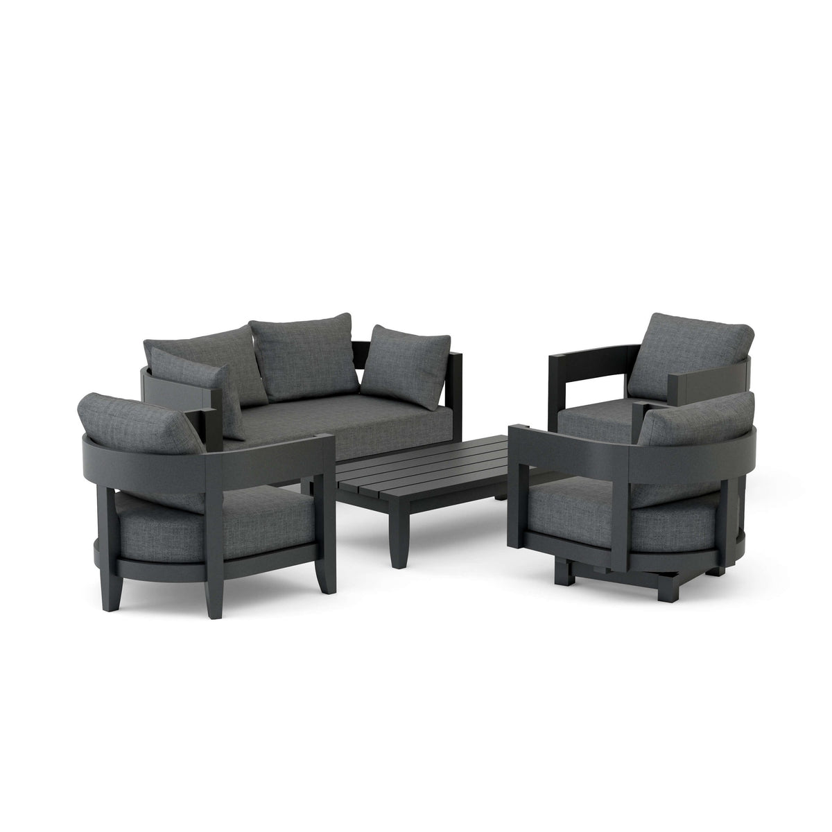 Gray outdoor furniture set with sofa, chairs, and table on a white background