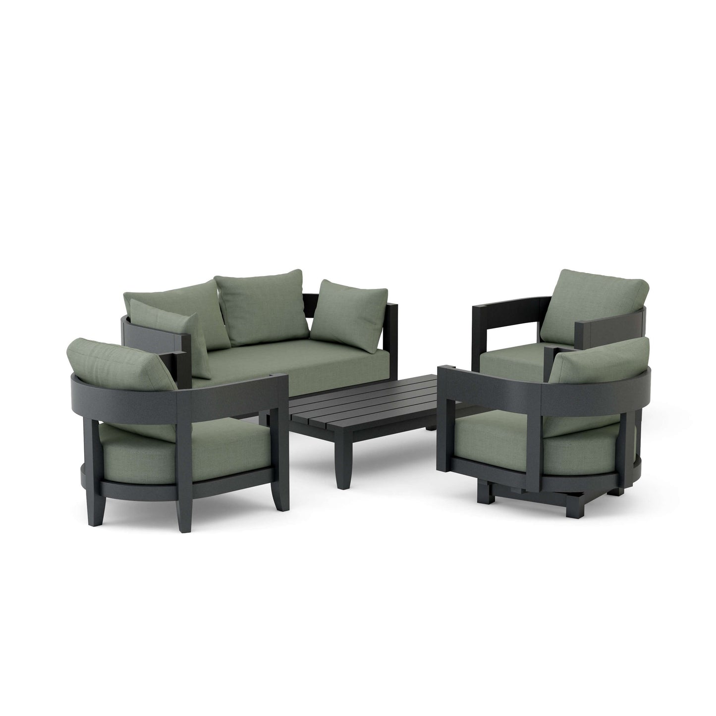 Outdoor furniture set with green cushions on a white background