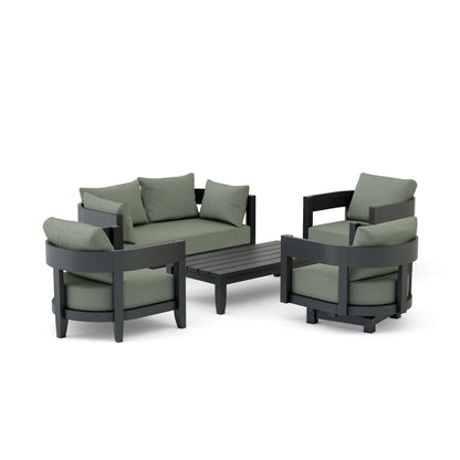 Outdoor furniture set with green cushions on a white background