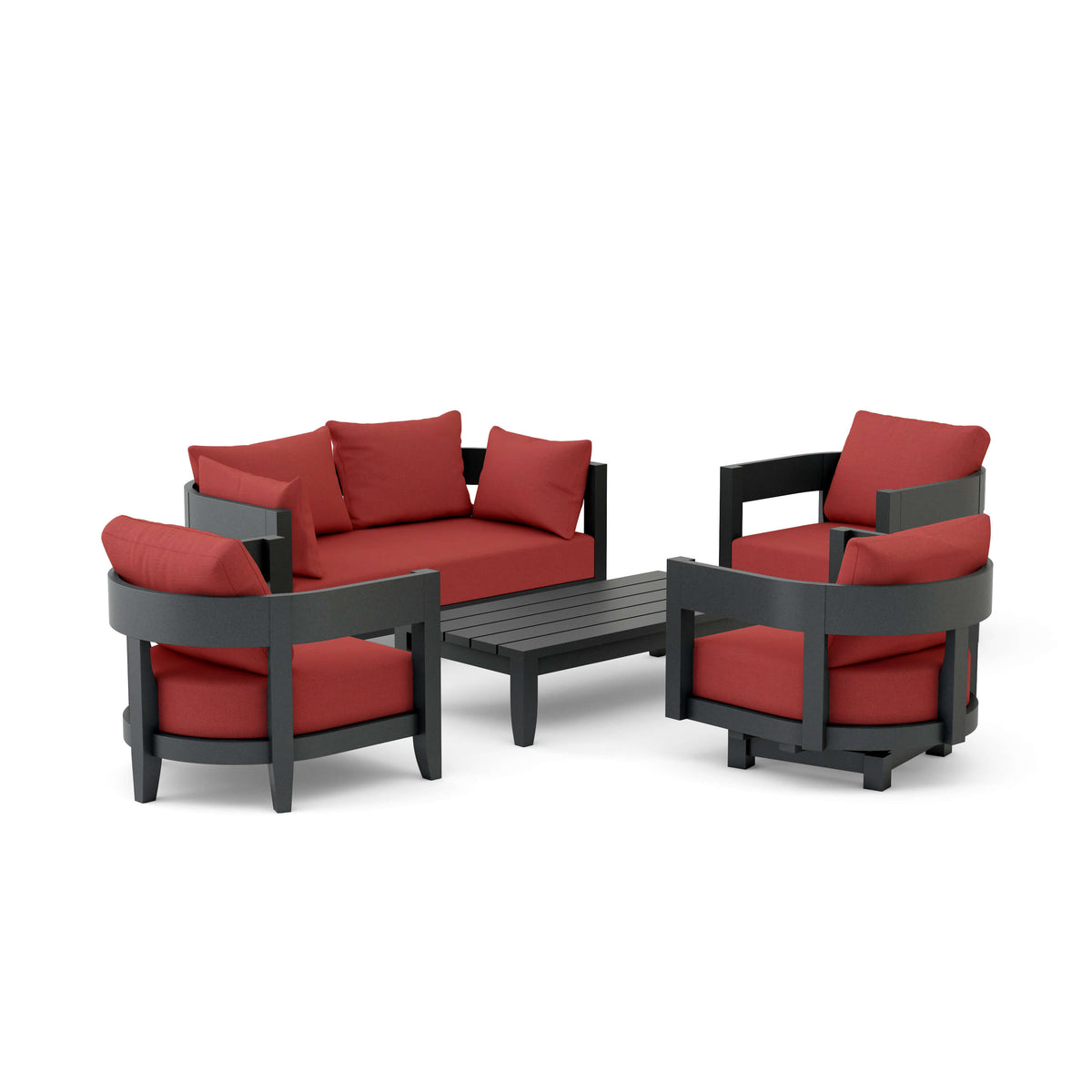 Outdoor furniture set with red cushions and black frames on a white background