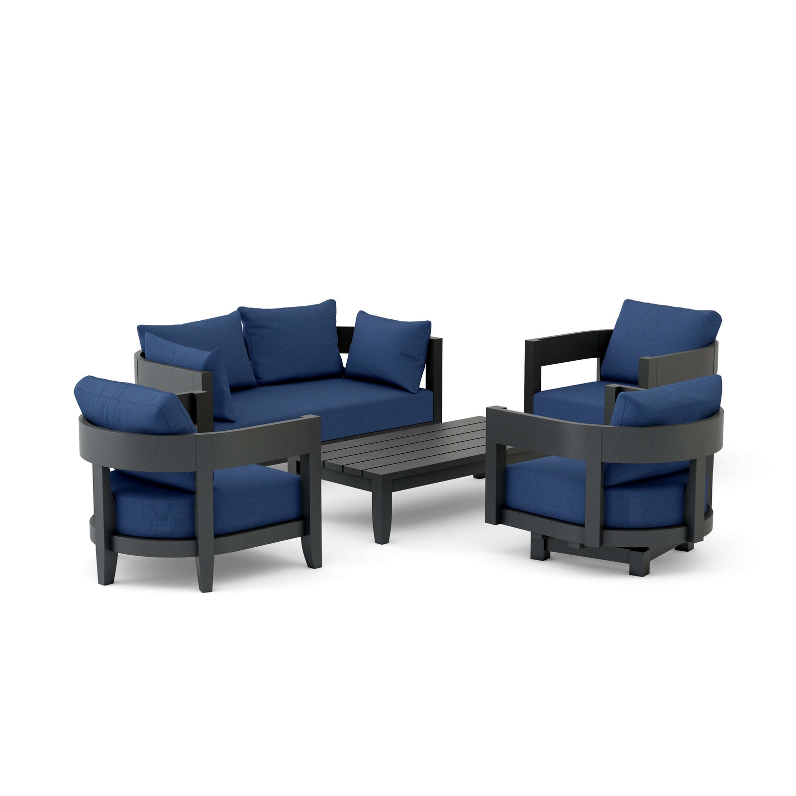 Outdoor furniture set with blue cushions and black frames on a white background