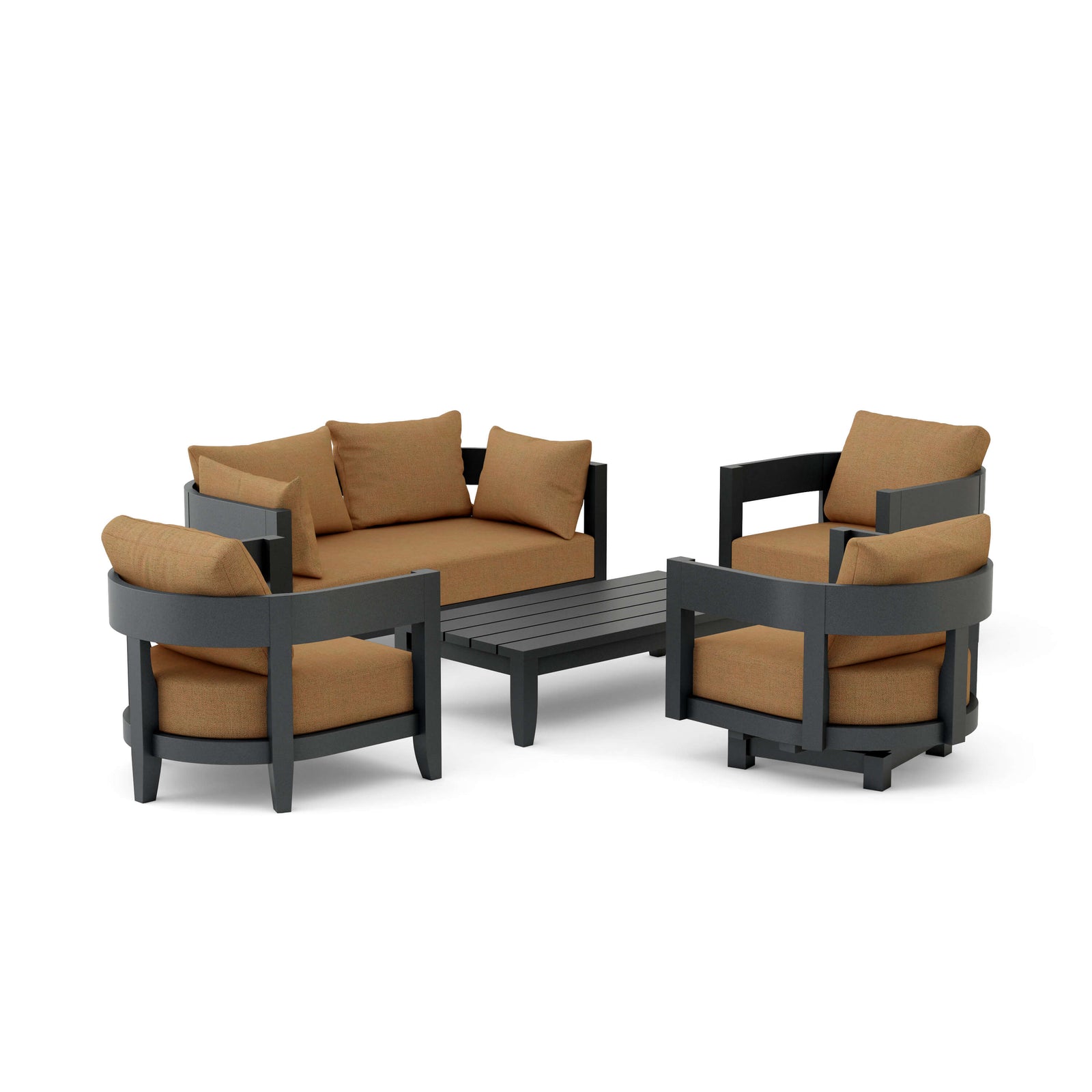 Outdoor furniture set with brown cushions and black frames on a white background