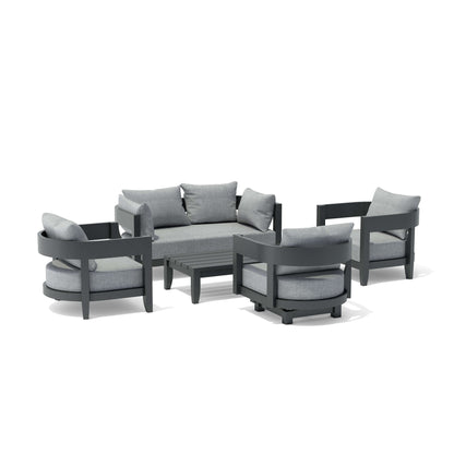 Outdoor furniture set with gray cushions on a white background