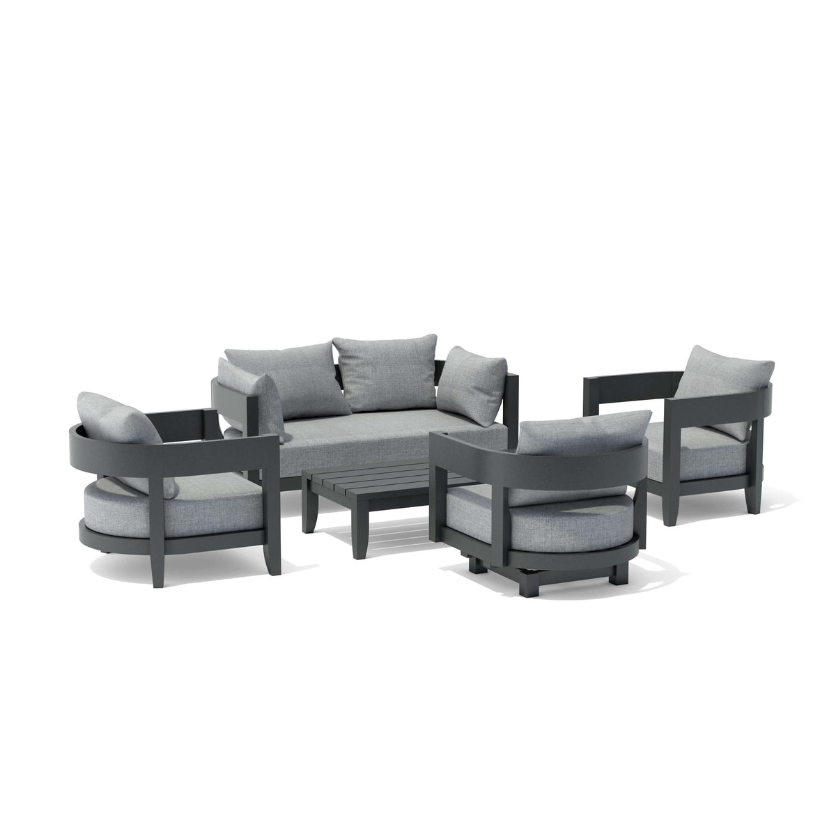 Outdoor furniture set with gray cushions on a white background