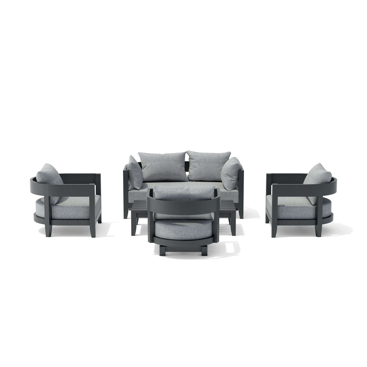 Outdoor furniture set with gray cushions on a white background