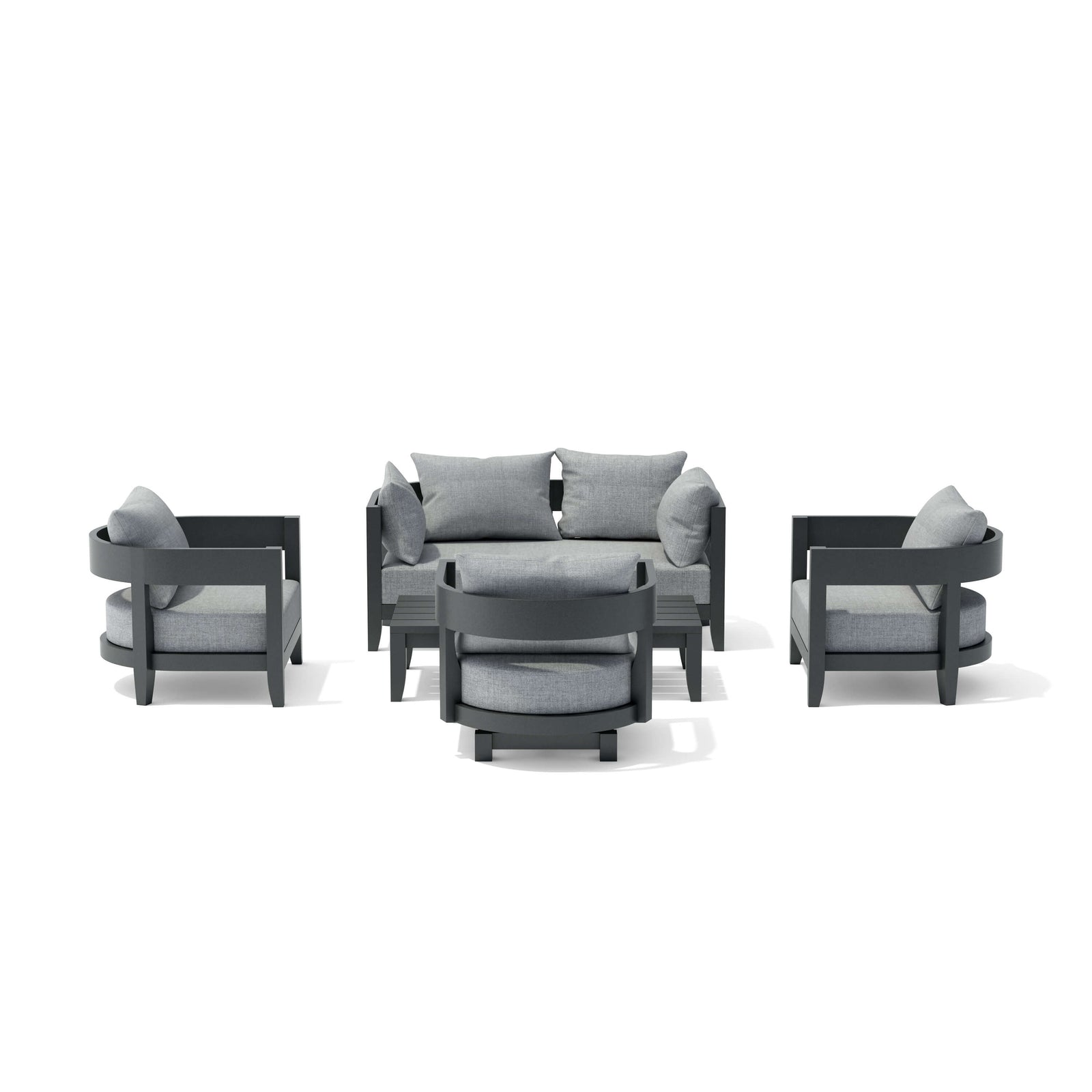 Outdoor furniture set with gray cushions on a white background