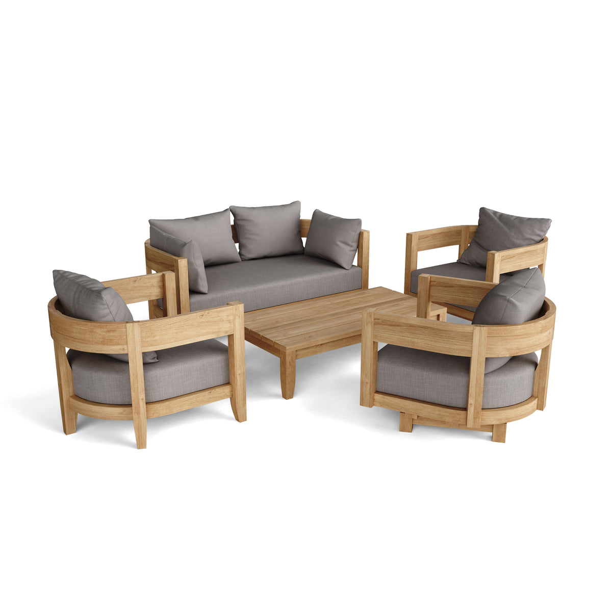 Wooden outdoor furniture set with gray cushions on a white background