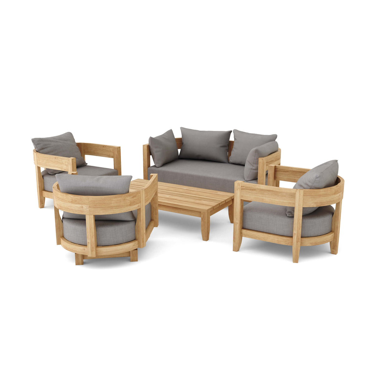 Outdoor furniture set with wooden frames and gray cushions on a white background