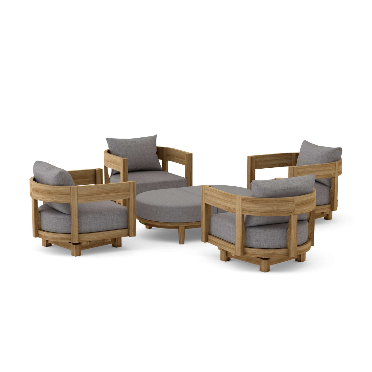 Outdoor furniture set with wooden frames and gray cushions on a white background